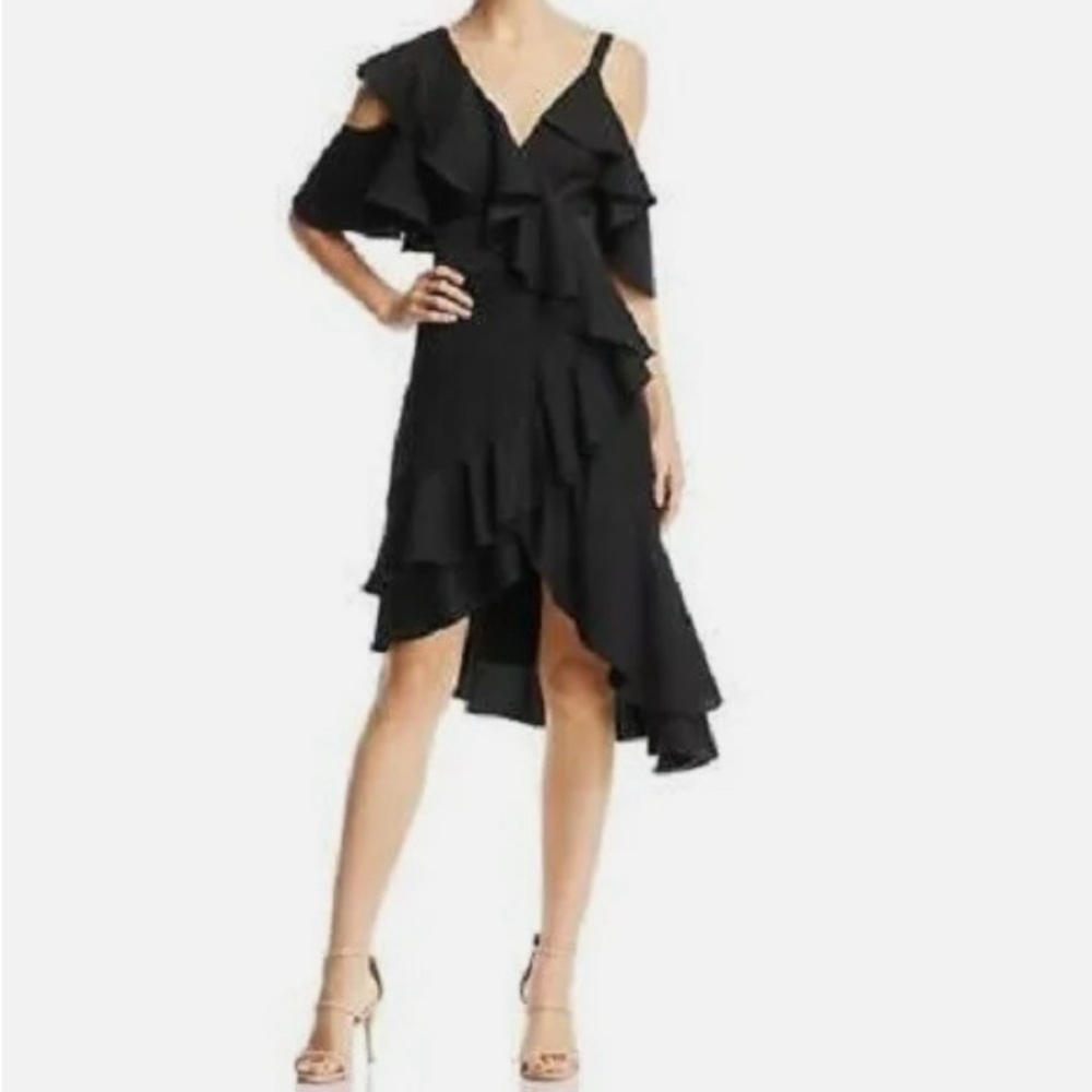 LAUNDRY BY SHELLI SEGAL Crepe Back Satin Ruffle Cocktail Dress Black 6